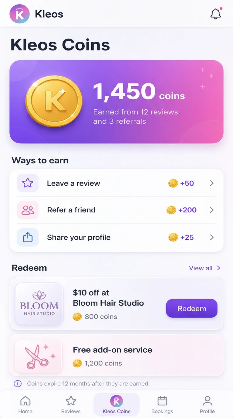 Kleos Coins rewards screen showing coins earned for eligible activities and perks available at participating businesses.