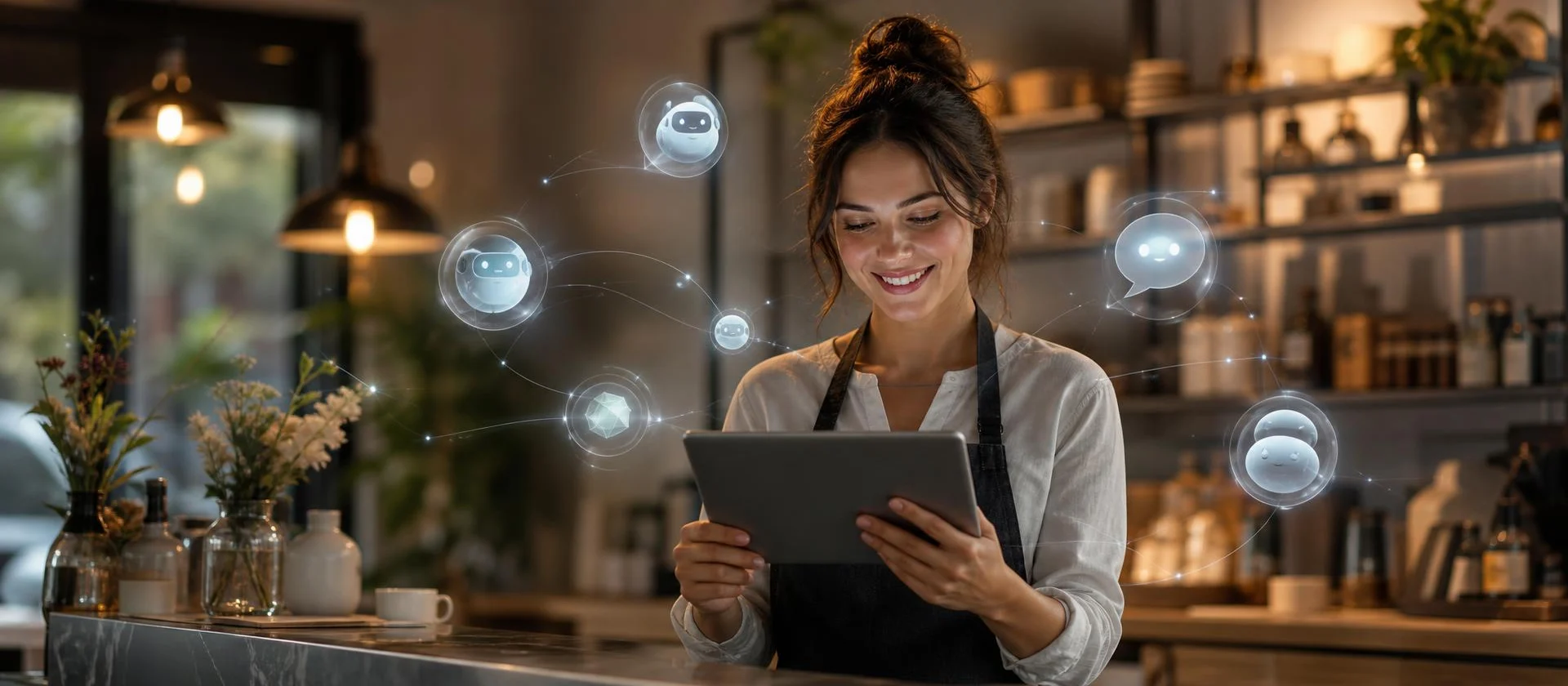 Local business owner reviewing AI-powered customer engagement campaigns on her phone inside her shop