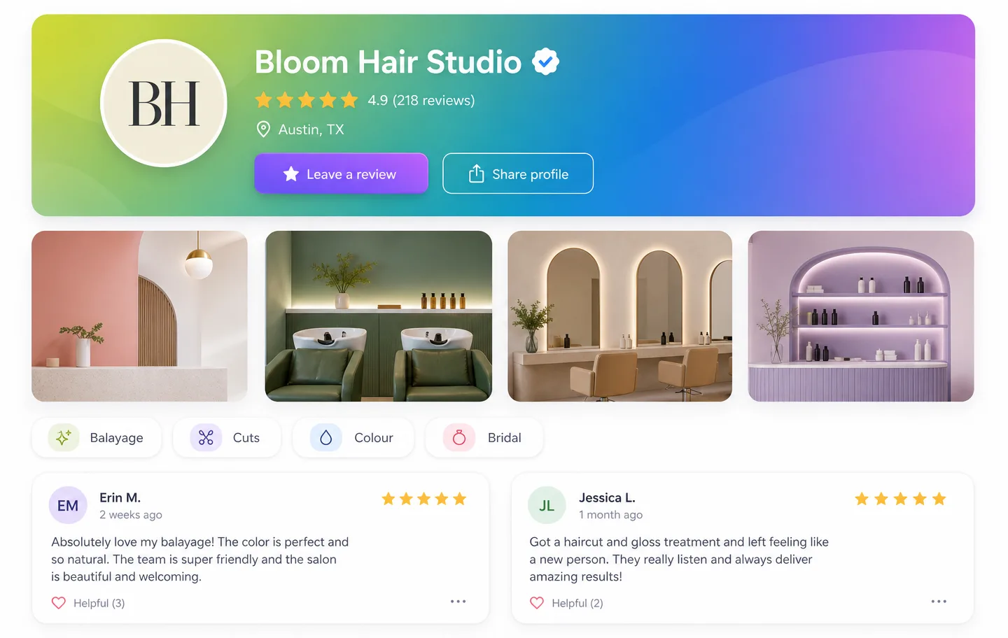 Kleos public business profile showing rating, verified reviews, team members and contact actions.