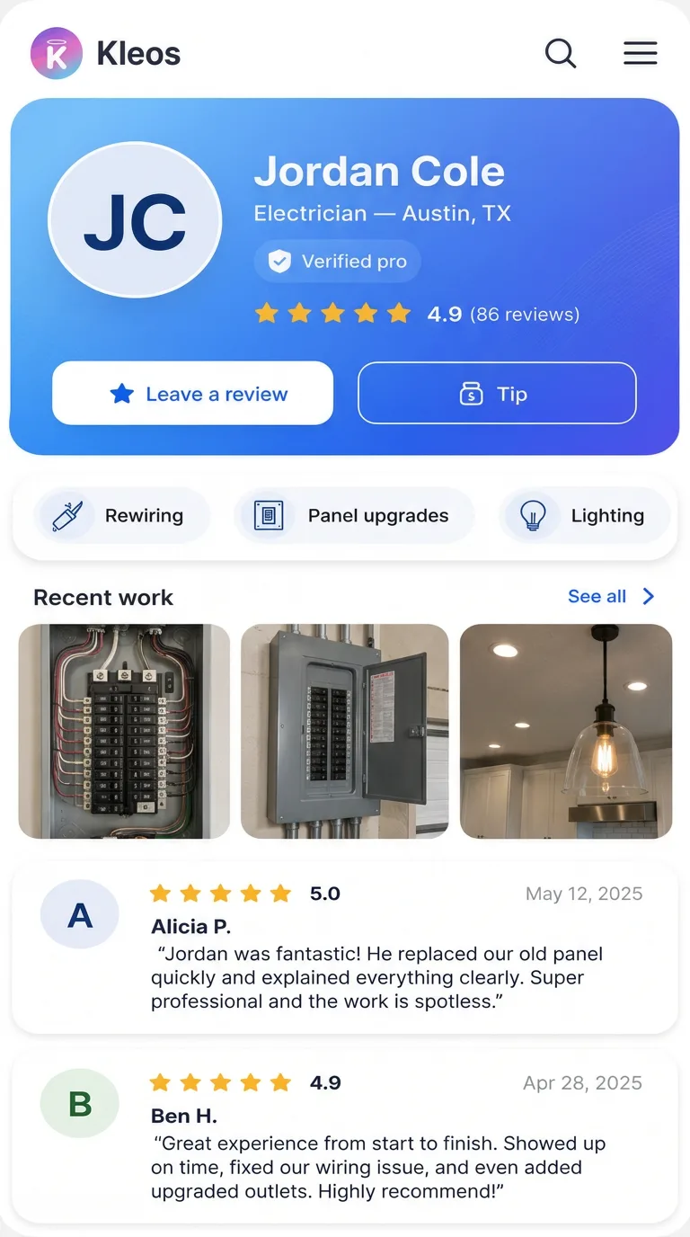 Kleos service professional profile showing rating, specialties, verified reviews and a share button.