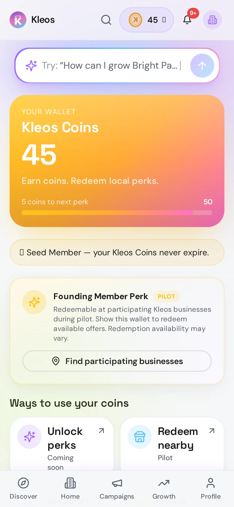 Kleos customer wallet on mobile showing a Kleos Coins balance, progress to the next perk and a member perk card.
