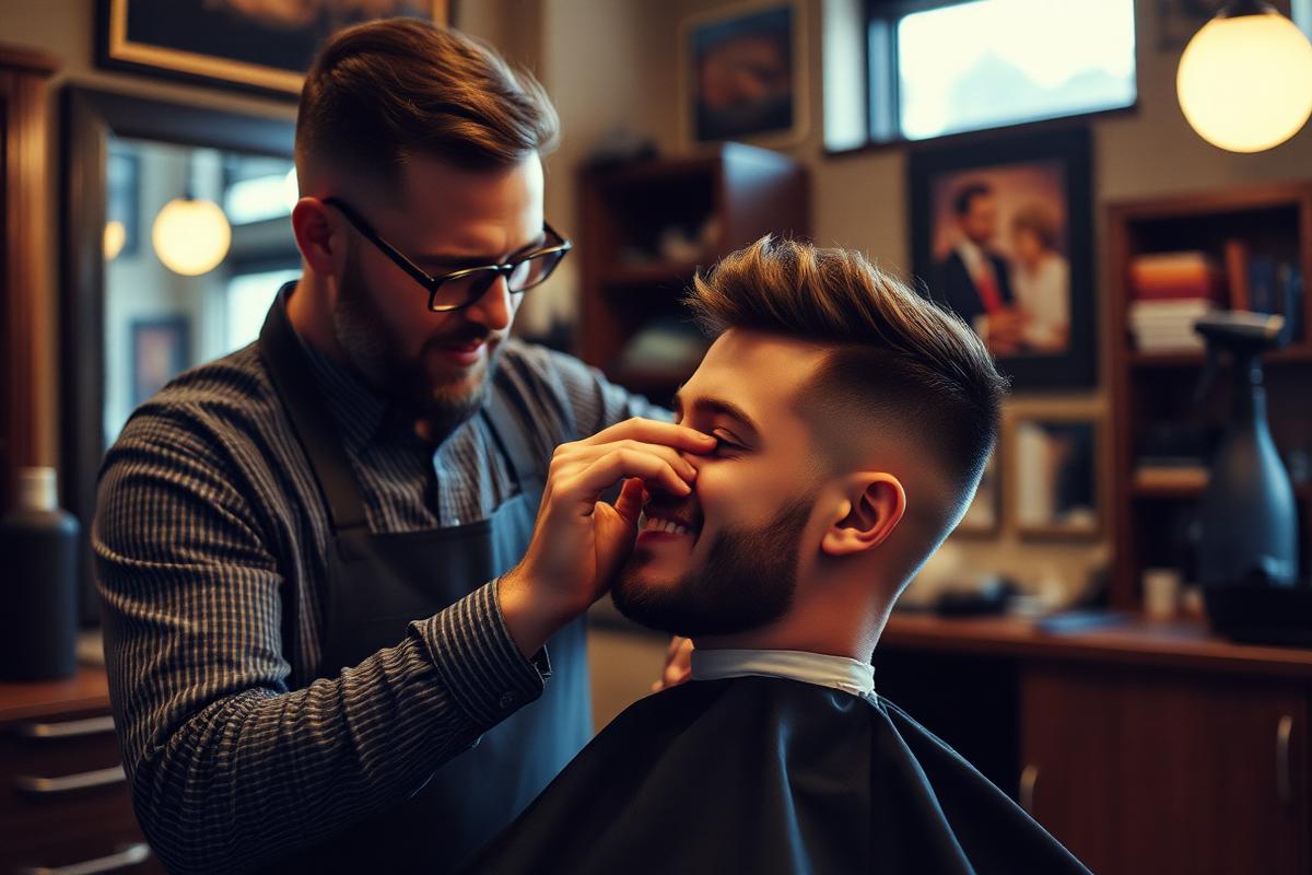 Barber giving a client a precise fade in a neighbourhood barbershop