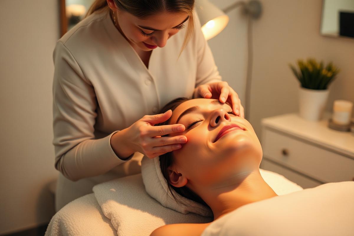 Esthetician performing a facial treatment in a softly lit skincare studio