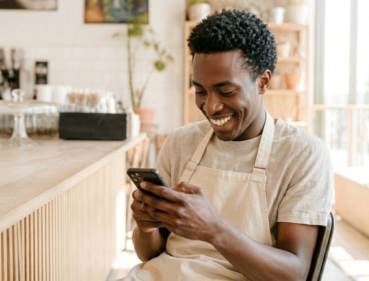 A café team member smiling at her phone after being recognized by name by a customer.