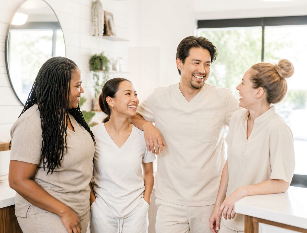 A diverse local wellness team standing together outside their Saratoga storefront.