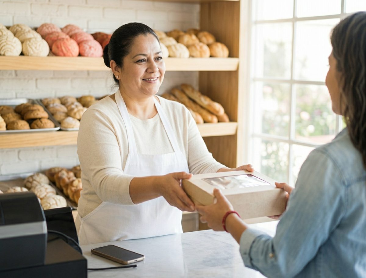 A Saratoga bakery owner handing a pastry box to a smiling customer across the counter.