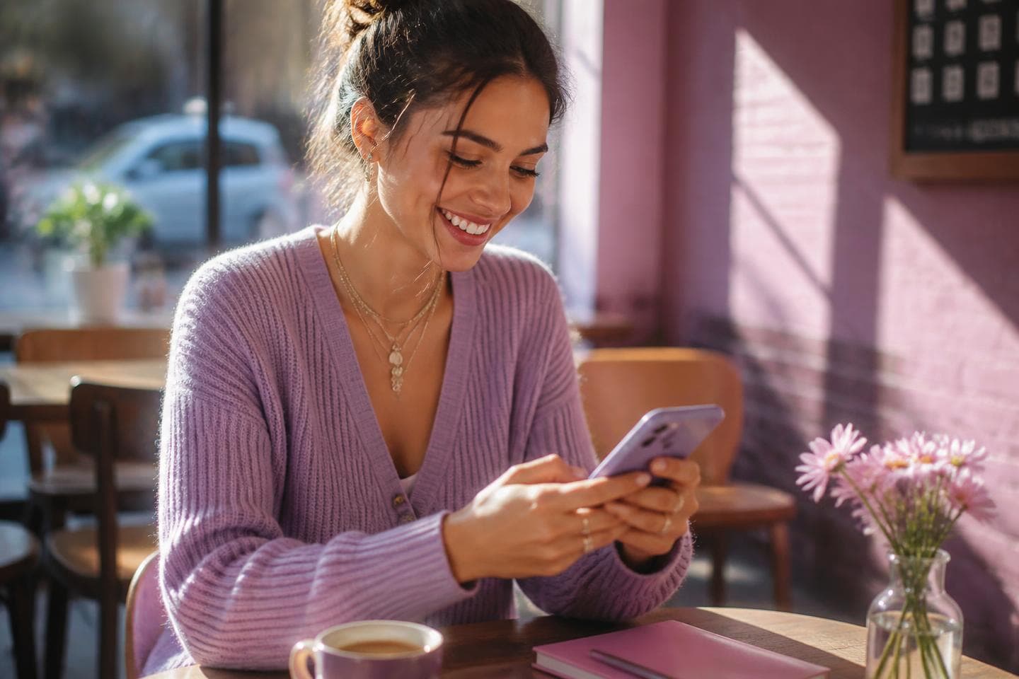 A customer smiling in a sunny café while asking for a local service on her phone