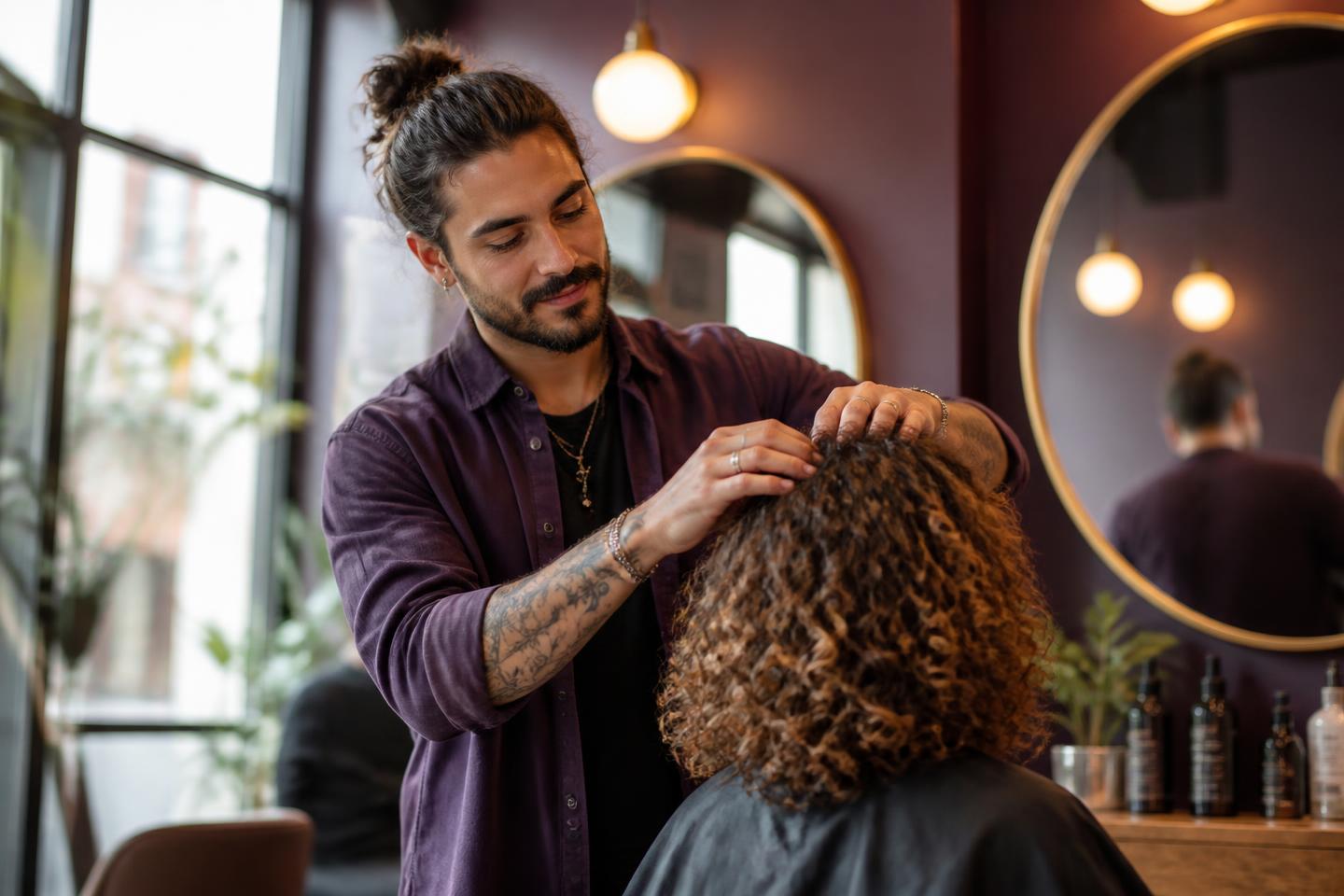 A hairstylist styling a client's curly hair in a bright modern salon