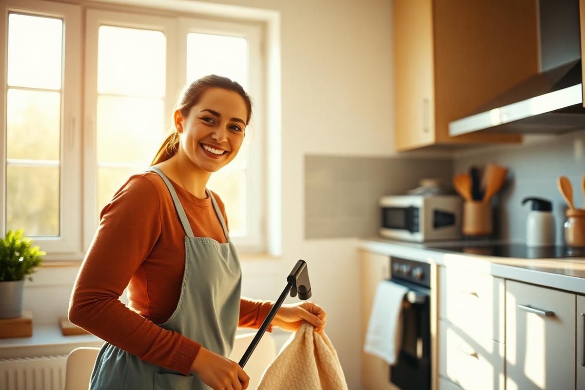 Professional cleaner smiling while tidying a bright modern kitchen