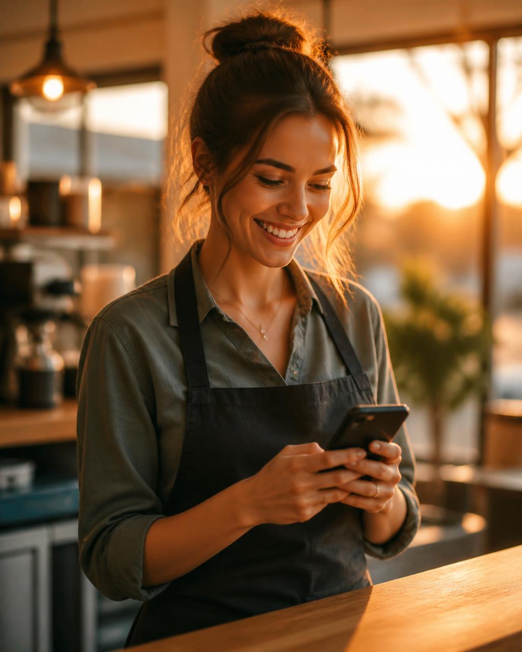 Smiling local business owner reading a customer review on her phone in golden hour light