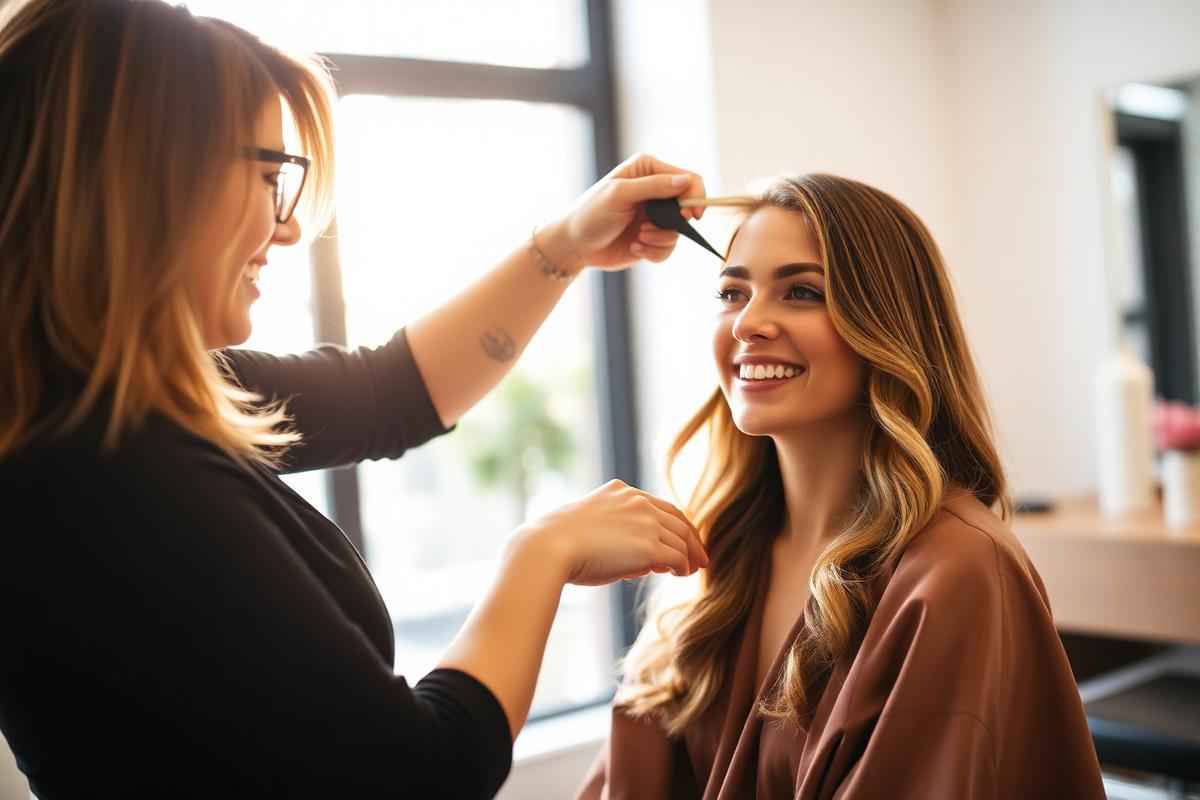 Hair stylist finishing a client's blowout in a bright salon