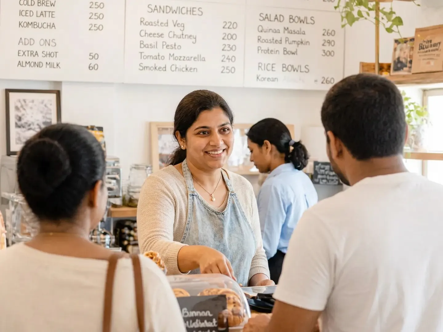 A Saratoga cafe owner serving two customers at the counter while a team member works behind her.