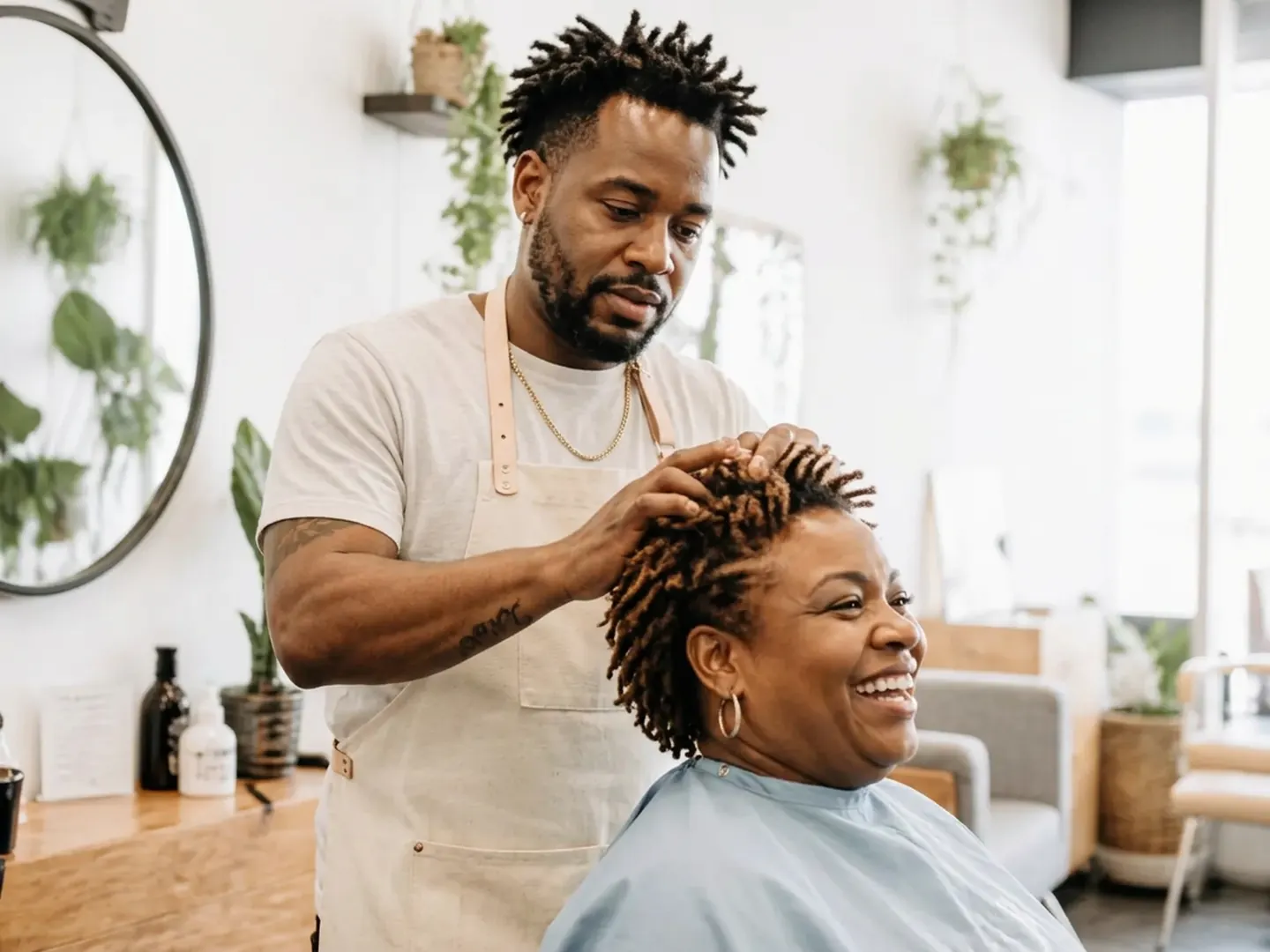 A Saratoga hairstylist mid-appointment, styling a smiling client's hair in a bright neighborhood salon.
