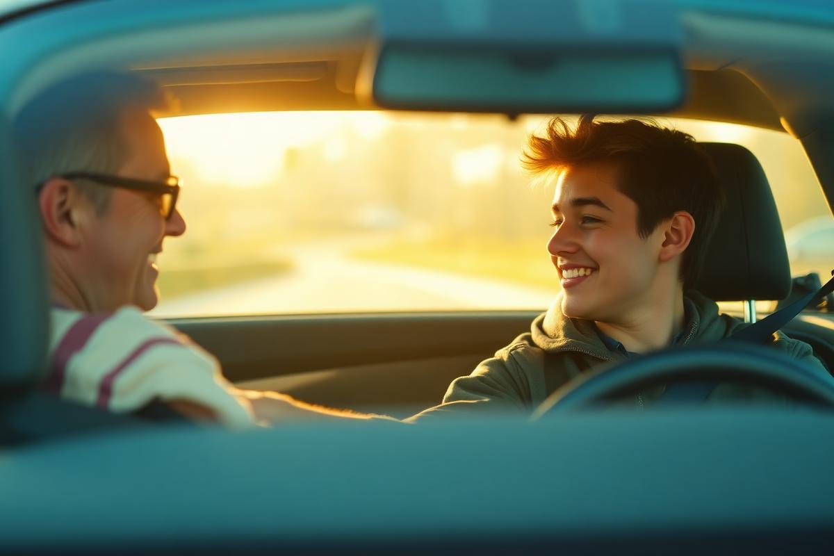 Driving instructor coaching a learner driver in a car at golden hour