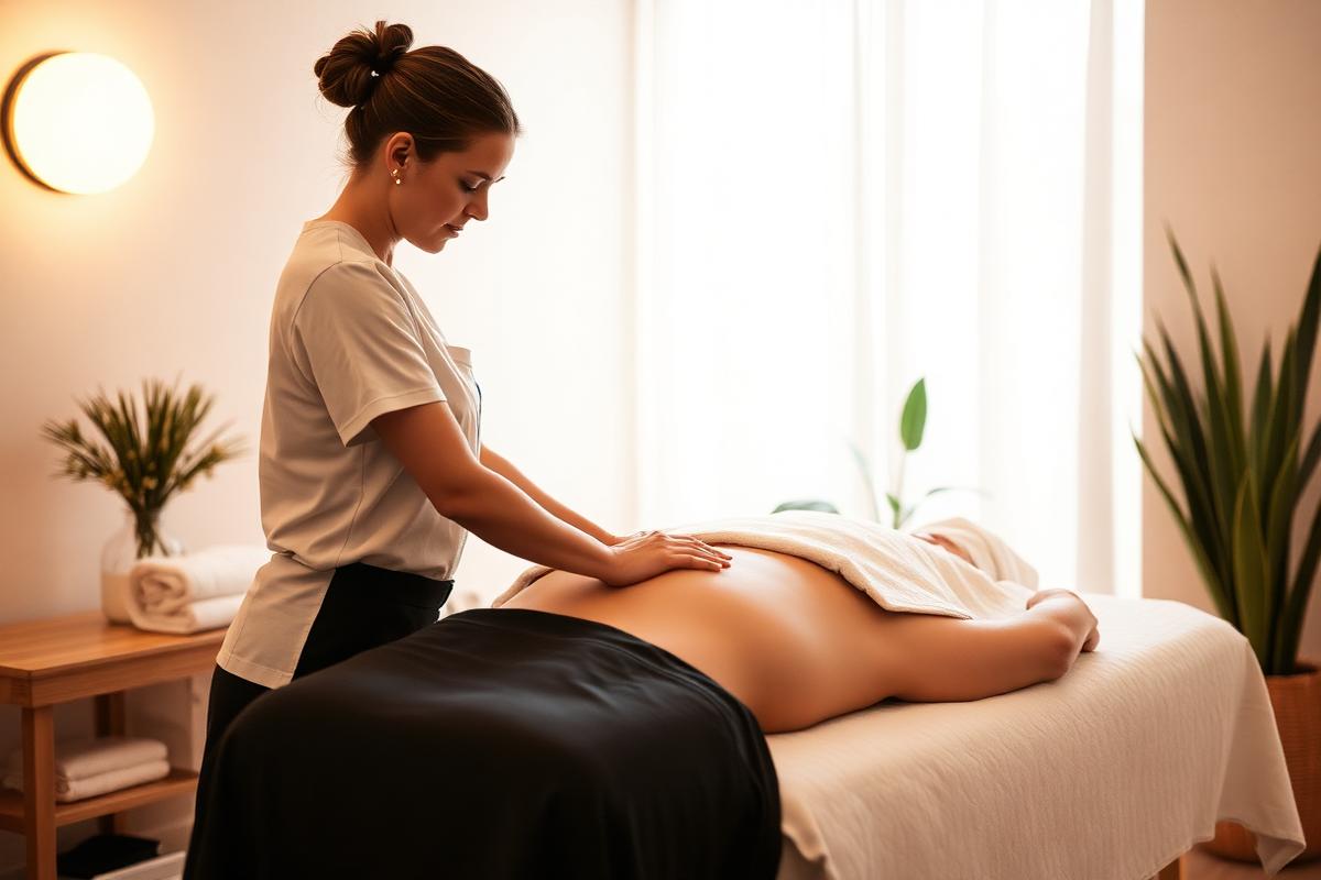 Massage therapist working with a client in a calm treatment room