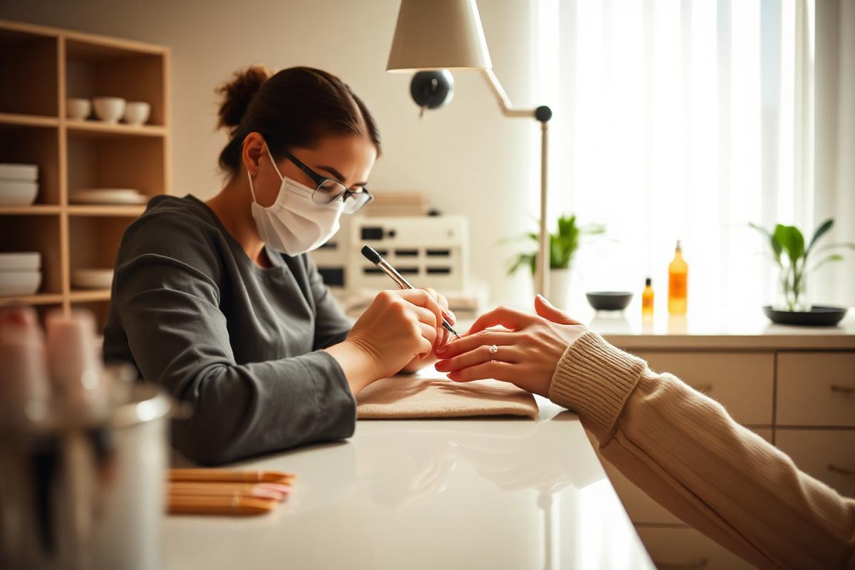 Nail technician doing detailed manicure work at a bright studio table