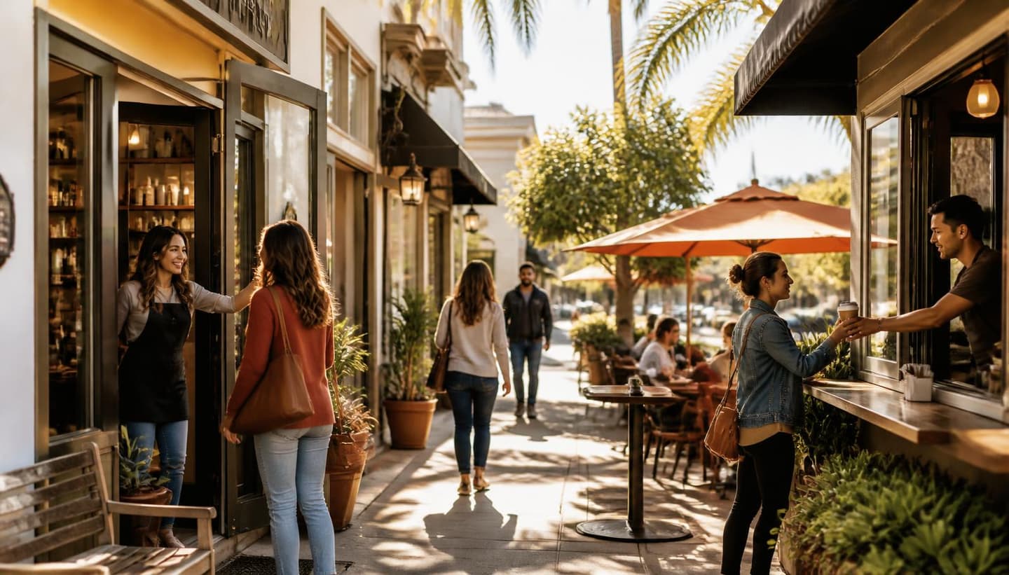 A sunlit street of local businesses — a salon, a cafe and a tutoring center — with customers moving between them
