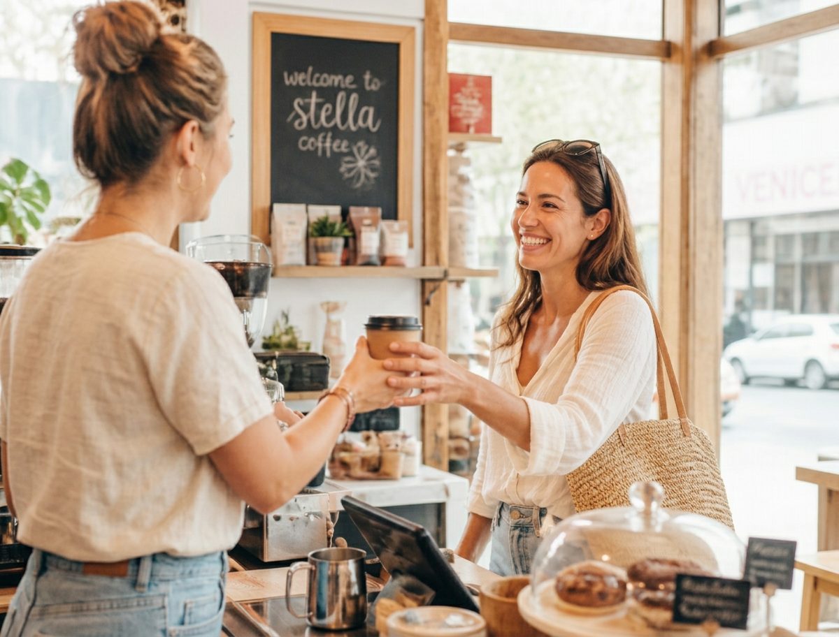 A customer thanking a barista at a local café.