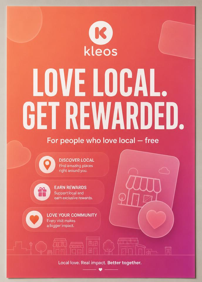 Saratoga Library poster for customers: Kleos logo above the line “Say thanks. Earn rewards.”, with a QR code to join Kleos for free.