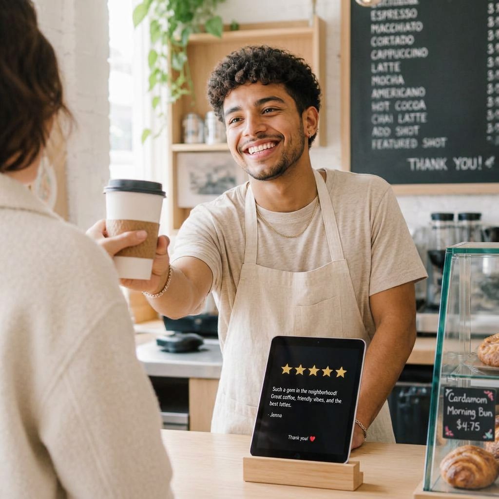 A friendly barista at a Saratoga café counter, tablet on the counter showing a glowing 5-star Kleos review.
