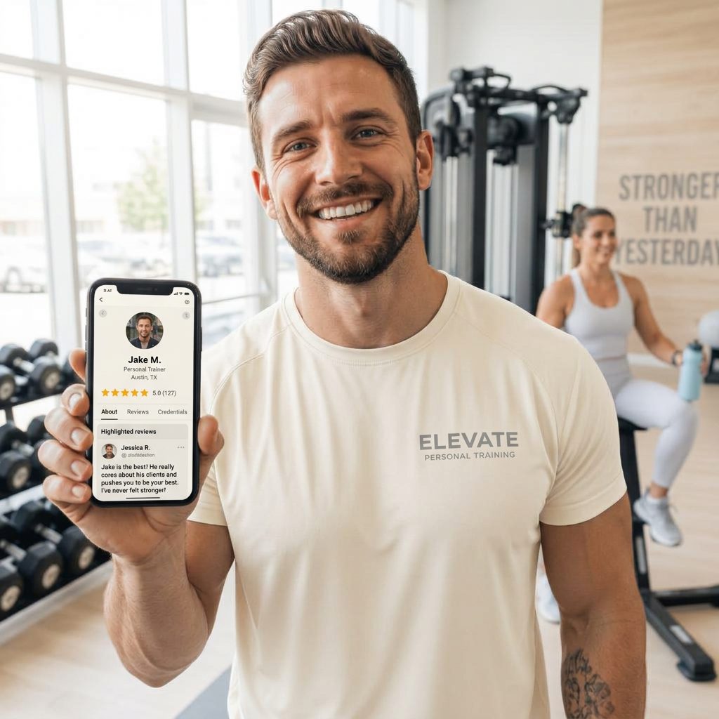 A confident fitness trainer in a Saratoga gym holding a phone with his Kleos professional profile.