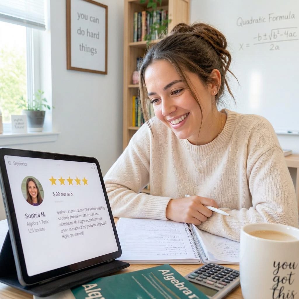 A smiling math tutor in Saratoga at her desk, Kleos profile showing a 5-star review on a tablet.