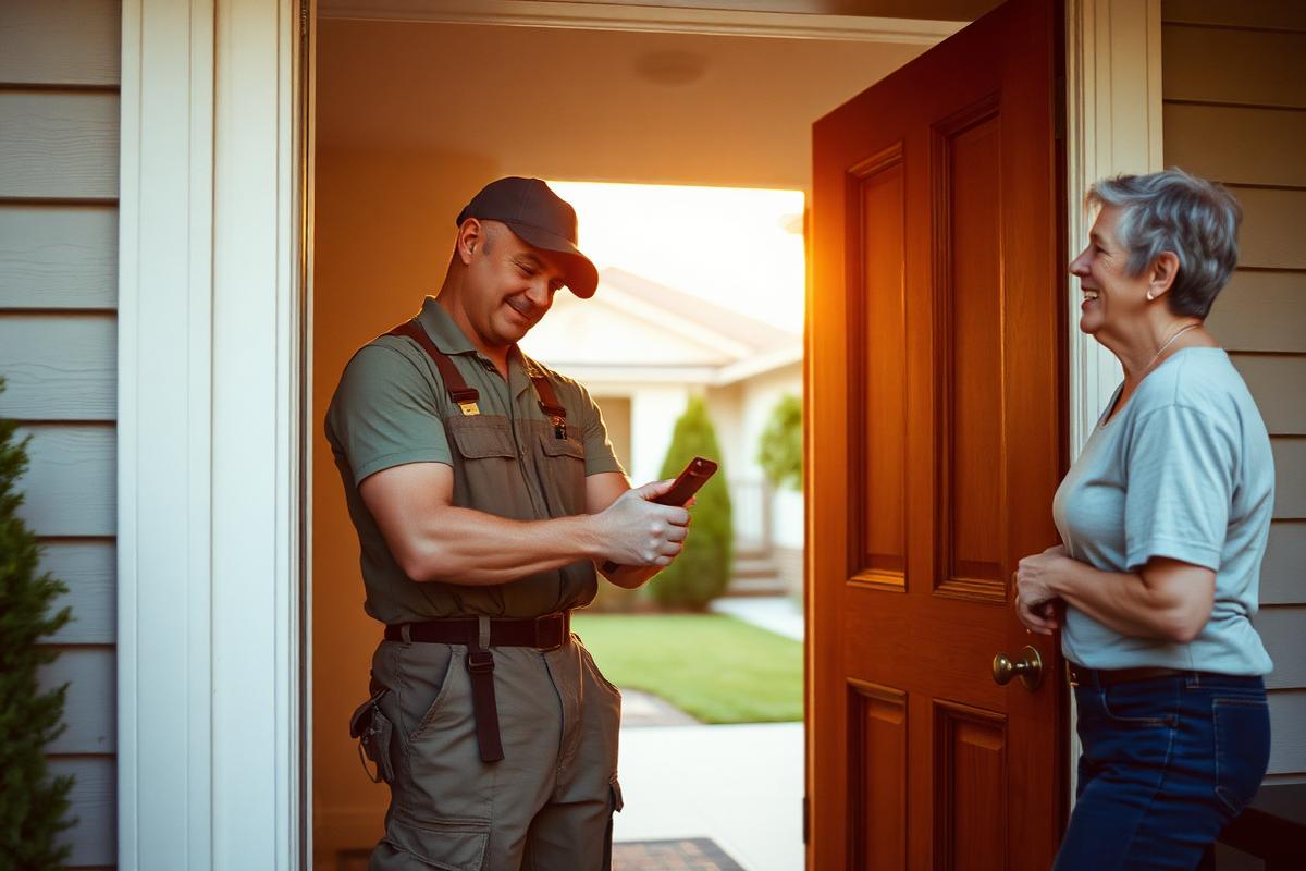 Handyman finishing a repair at a suburban home while the homeowner smiles