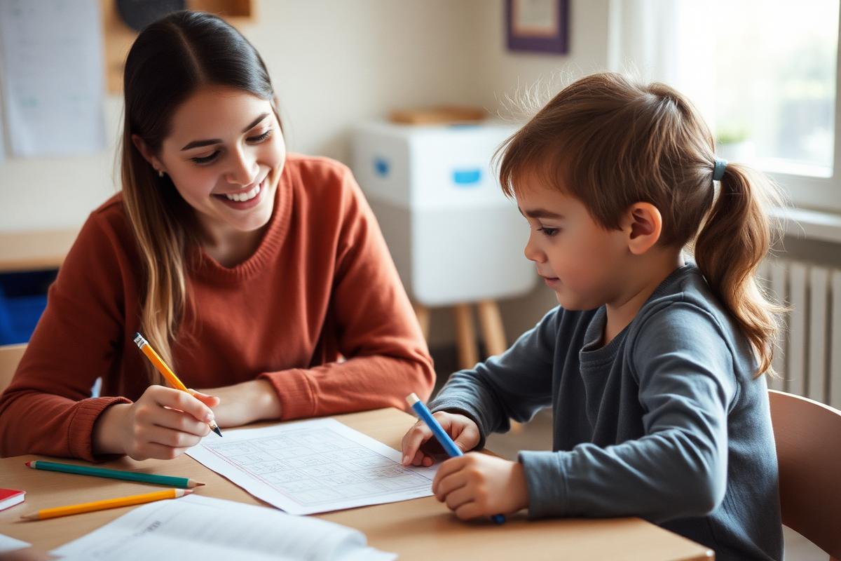 Tutor helping a young student with a maths worksheet at a learning centre