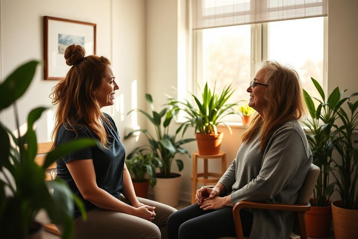 Health practitioner talking with a patient in a bright clinic room
